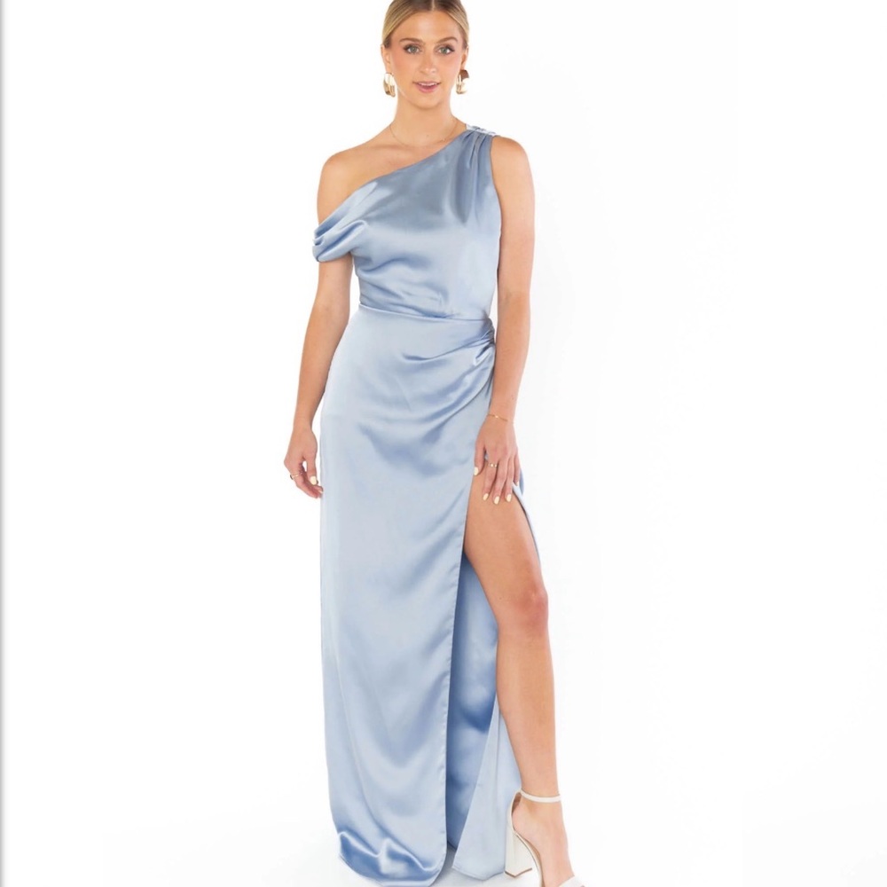 Show Me Your‎ Mumu Jodie Dress Womens Medium Steel Blue Luxe Satin Off-Shoulder